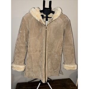 Vintage St. John's Bay Washable Tan Leather Suede & Faux Shearling Fur Coat- Lar